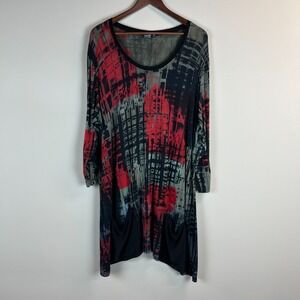 Art of Cloth Tunic Top Womens 2X Black Red Gray Printed Long Sleeve Pockets USA